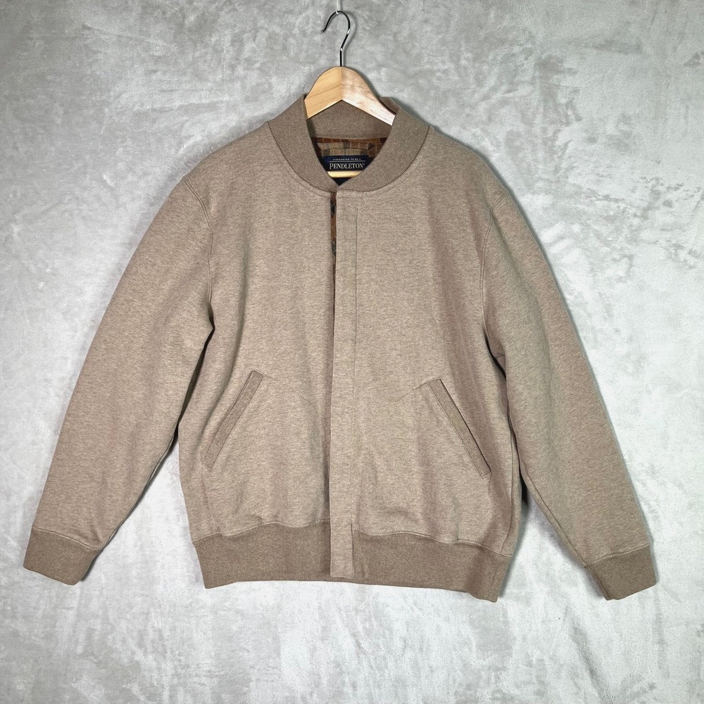 Pendleton Fleece Bomber Jacket Mens Large Wool Plaid Trim Button Front Beige
